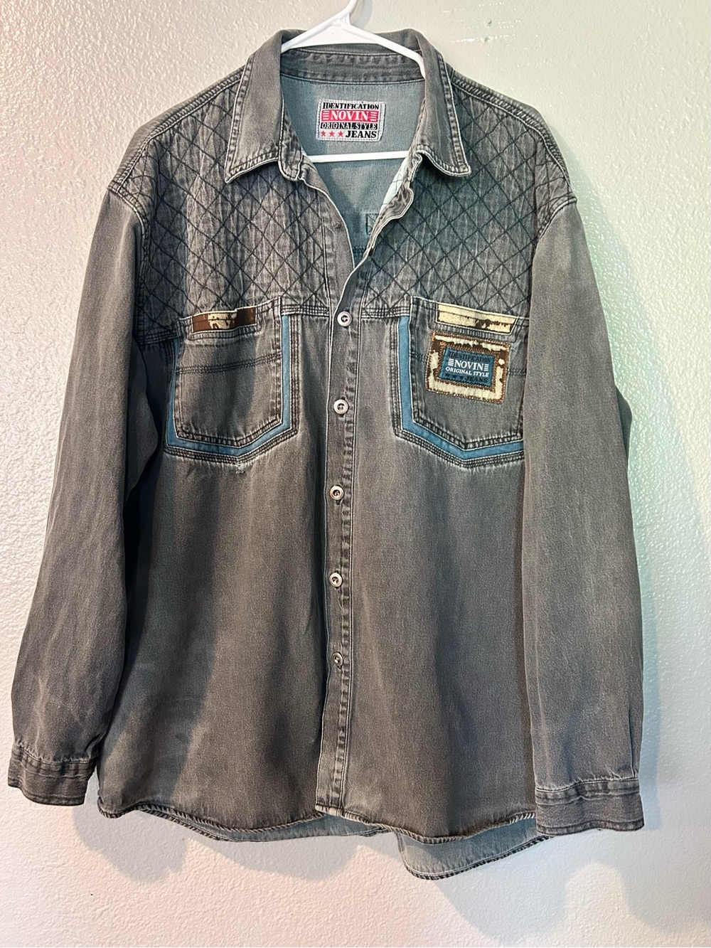 Vintage 80s Identification Novin Acid Wash Denim Patchwork Cowhide Jacket